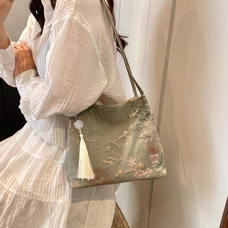 Ny Kinesisk Stil Retro Väska Silke Jacquard Trendig Minimalistisk Väska Axel Diagonal Cross Dam Shopper Tote AVE