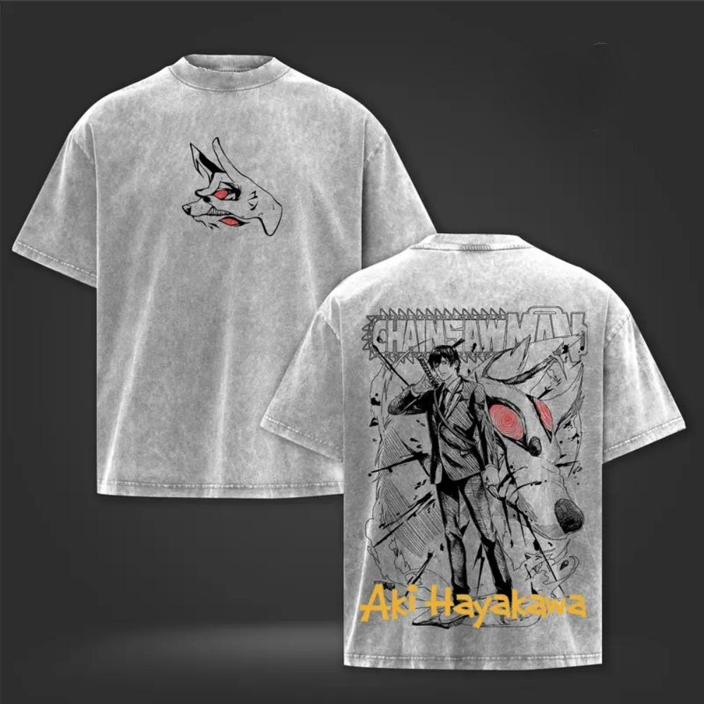 Chainsaw Man Hayakawa Aki Print Tee Men Women Retro Washed T-shirts Casual Cotton T Shirt Short Sleeve Clothing Harajuku Tshirt