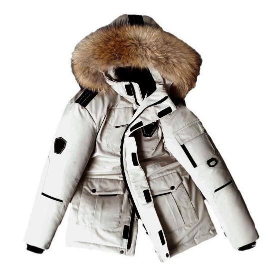 Men Down Jacket with Multiple Pockets Hooded Faux Fur Trim Long Sleeve