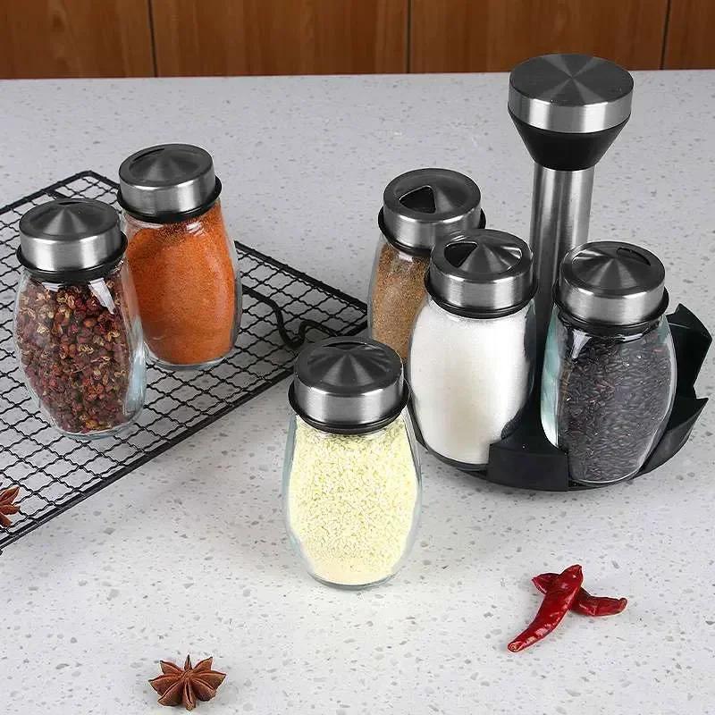 7pcs Spice Jar Set Rack Glass Organizer Rotating Glass Seasoning Sugar Pepper Bottles Salt Shakers Holder Kitchen Storage Rack KTY