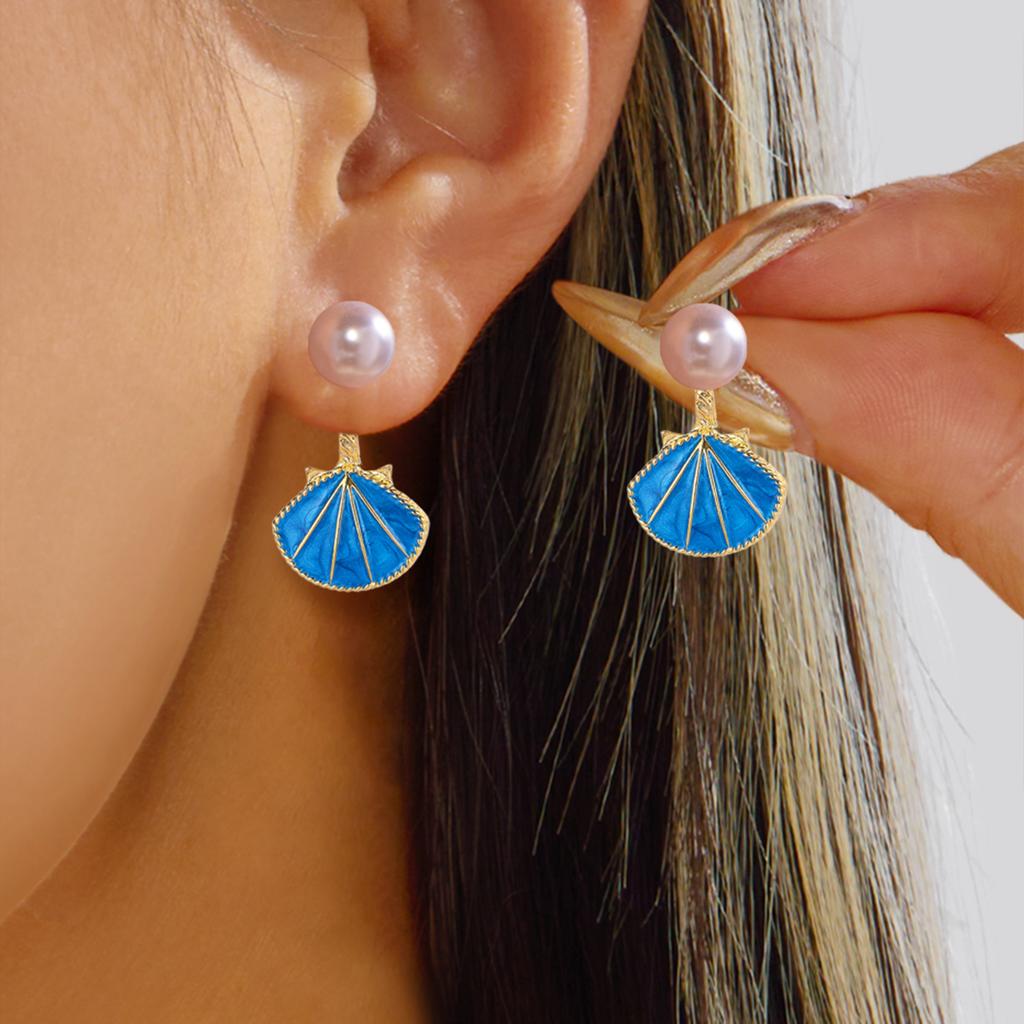 Creative Ocean Blue Shell Pearl Stud Earrings For Women Vintage Dripping Oil Imitation Pearl Shell Texture Earring Party Jewelry