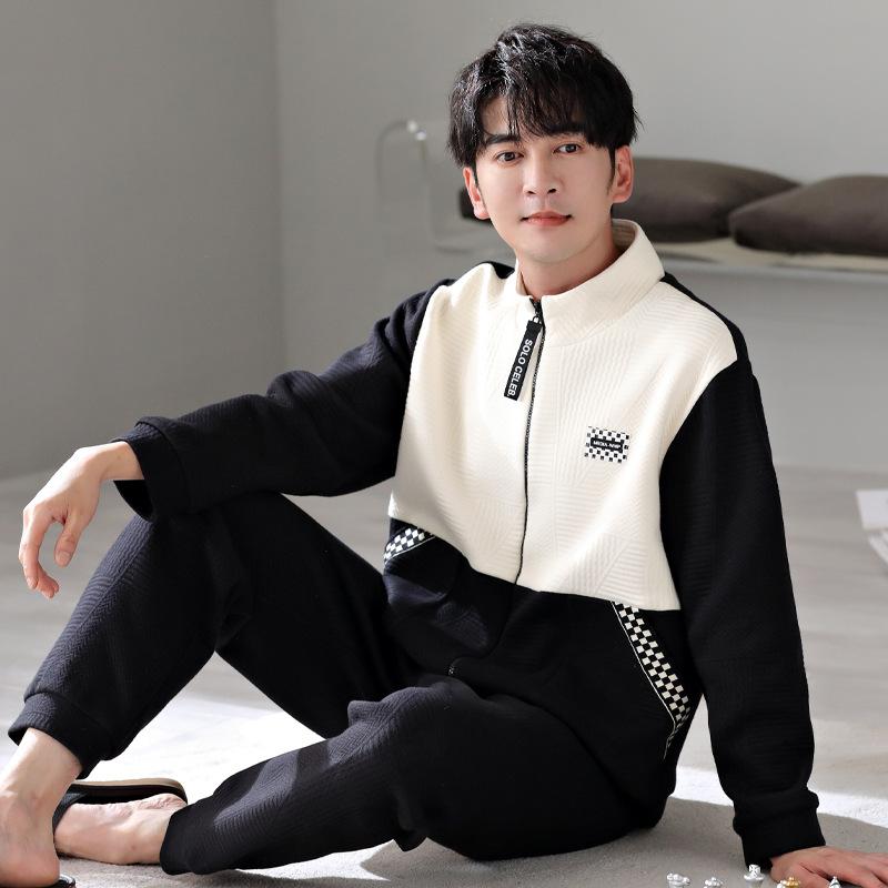 Pajamas Men'S Spring And Autumn Pure Cotton Thickened Long Sleeve Large Size Padded Cotton Air Cotton Interlayer Autumn And Winter Loungewear Set