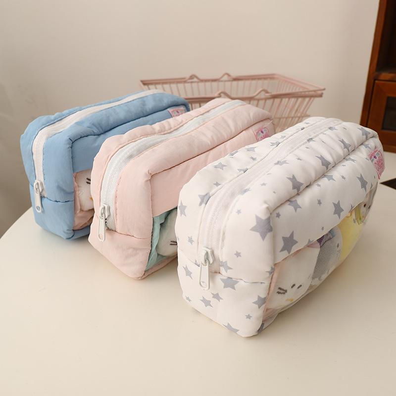 Causal Cute Pencil Case Tranpsarent Windows Badge Pin Displaying Stationery Organizer Large Capacity Pen Bag Back To School
