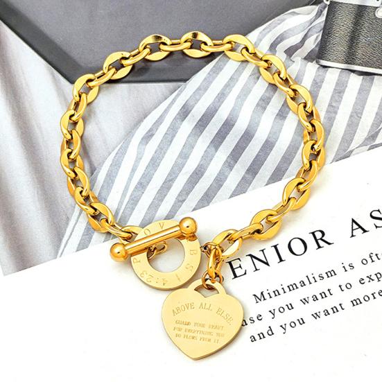 Women Bracelet Stainless Chain Heart Pendant Titanium Steel Individual Letter Inscribed Solid Color Smooth Exquisite Wrist Jewelry