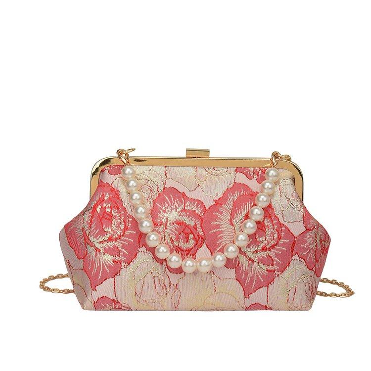 Chinese Style Pearl Chain Handbag Cheongsam Bag Embroidered Jacquard Small Bag Elegant Senior Lady Shoulder Messenger Bag