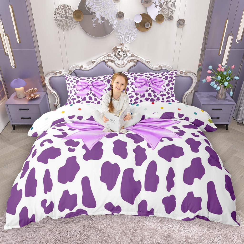Homewish Rainbow Cow Print Duvet Cover Set For Girls Princess Bow Knot Bedding Set Cute Kawaii Bowtie Comforter Cover Set