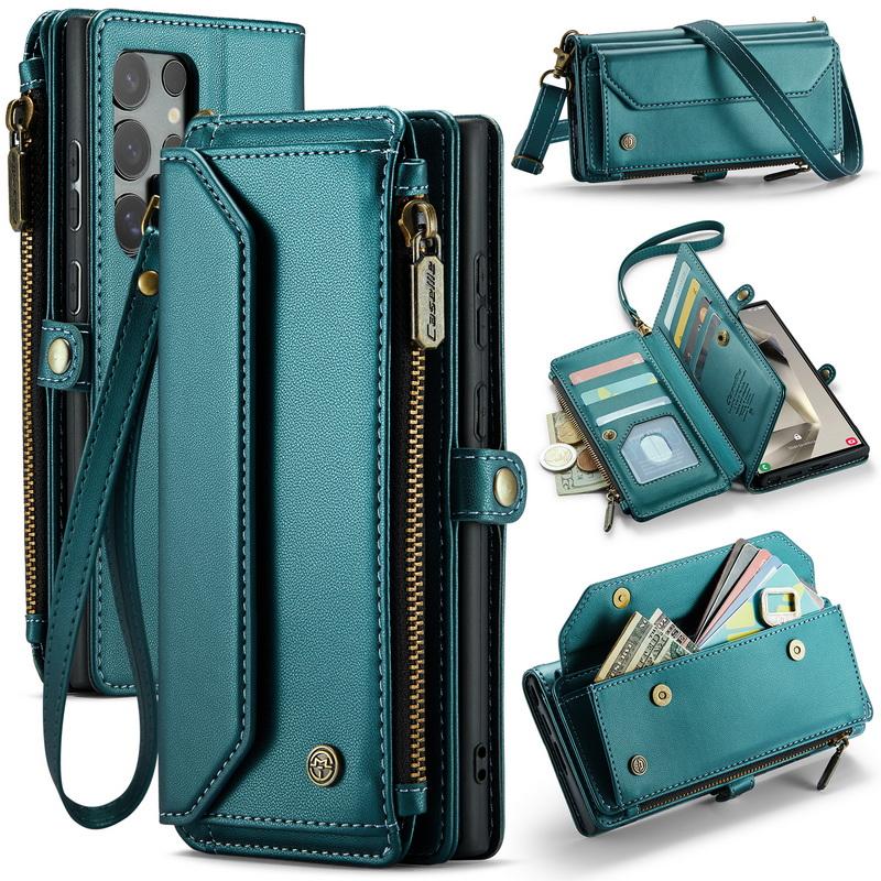 Luxury Leather Case For Samsung S24 FE S23 Ultra S22 S21 Plus S20 S25 A16 A17 A57 A55 A35 A54 A34 S26 Crossbody Lanyard Zipper Wallet Card Slot Cover
