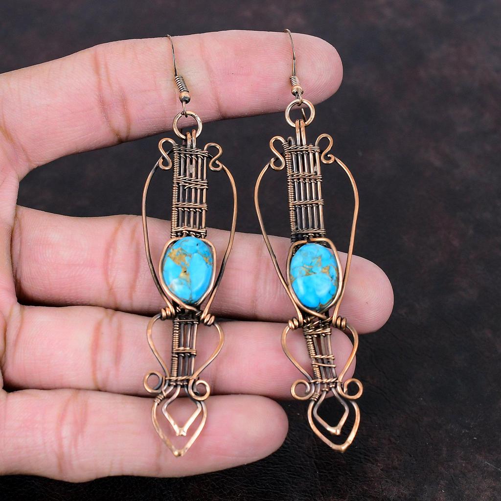 Copper Blue Turquoise Earring Copper Wire Wrapped Earring Gemstone Copper Jewelry Handmade Earring Wire Wrap Jewelry Unique Earring For Gift
