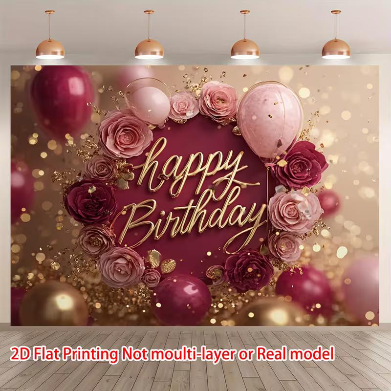 2D Elegant Burgundy Gold Happy Birthday Background Cloth with Flowers