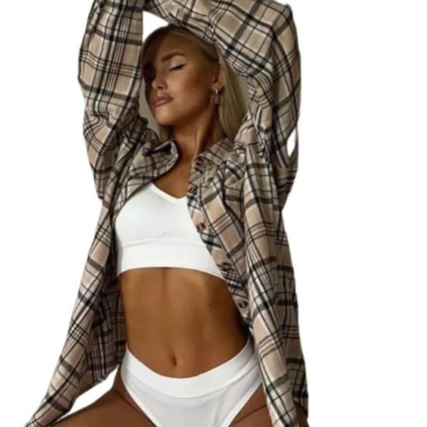 Autumn Retro Plaid Cardigan Loose Casual Fashion Long Sleeve Shirt Women's Clothing