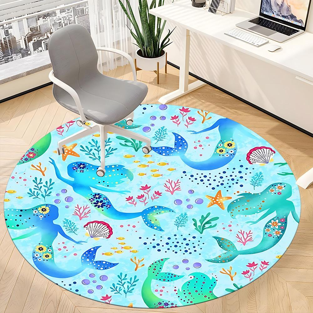 1pc Mermaid OceanChair Carpet for Office, Indoor Non-Slip Washable Polyester Fiber Carpet, Mat For Office, Machine Washable