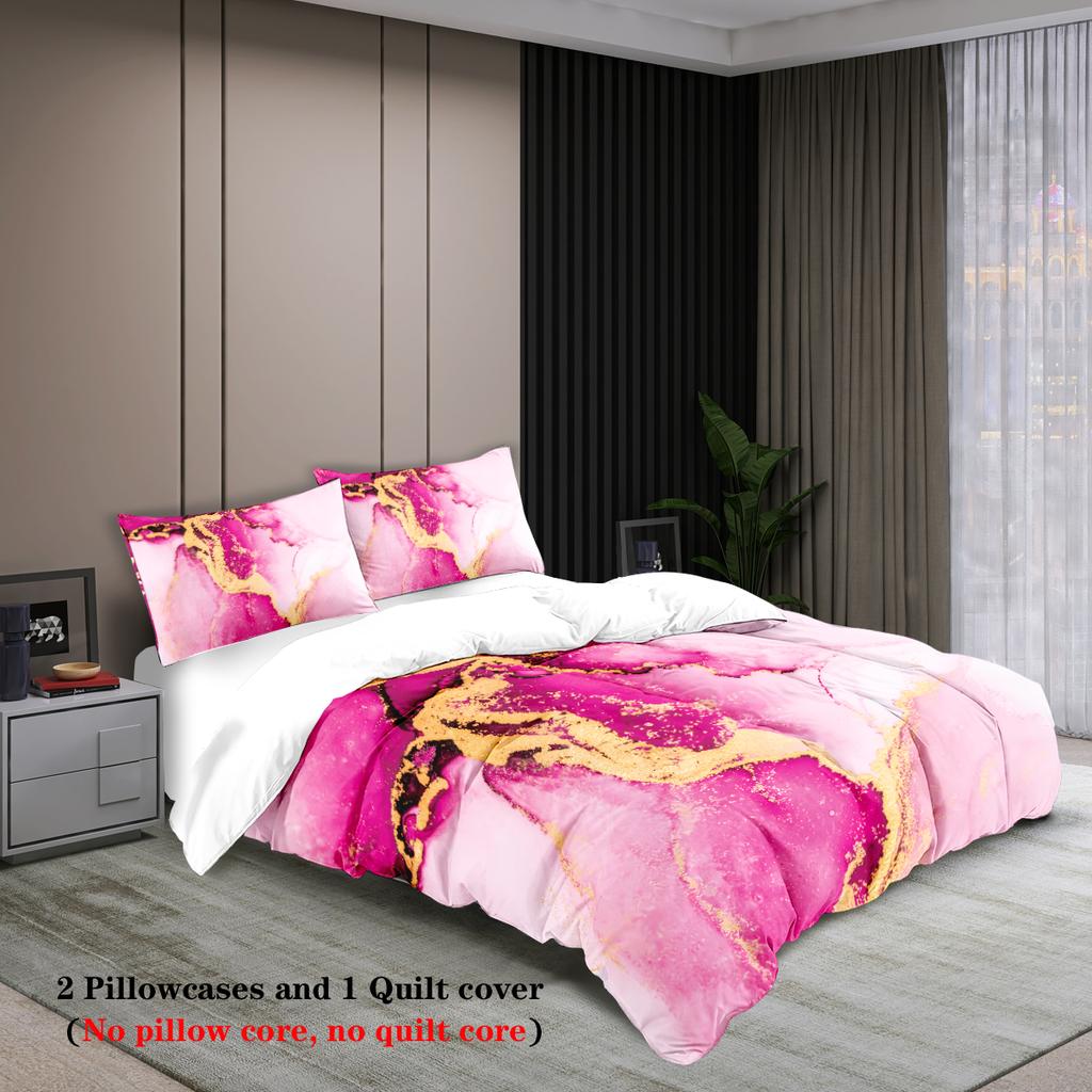 3-delige blauw en roze marmerpatroon beddengoedset, 1*dekbedovertrek+2*kussensloop, voor queen, king, tweepersoons slaapkamer