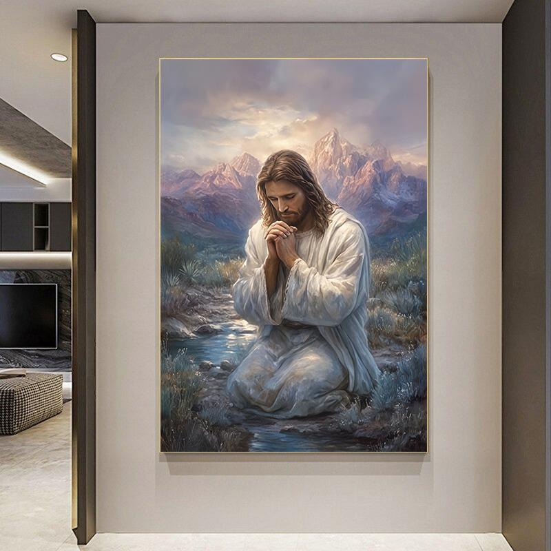 Jezus Modlący Malowidło Ścienne Obraz Religijny, Minimalistyczny Styl Nordycki Obraz Modlitewny Drukowany Na Płótnie Wystrój Domu Sztuka Ścienna Obrazy Do Salonu