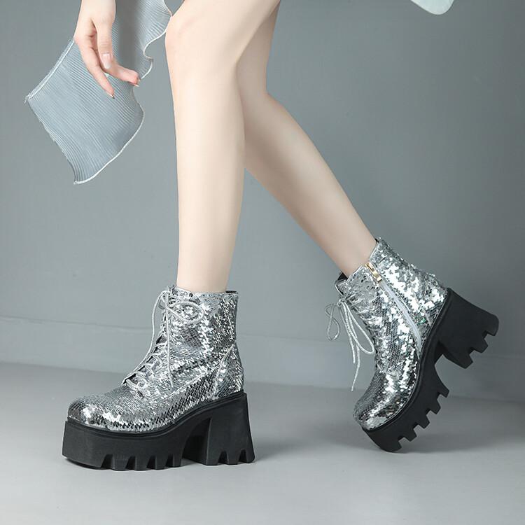 Women Silver Sequins Boots Chunky High Heels Lace-up Glitter Green Platform Goth Boots Woman Square Toe Shoes Size 43