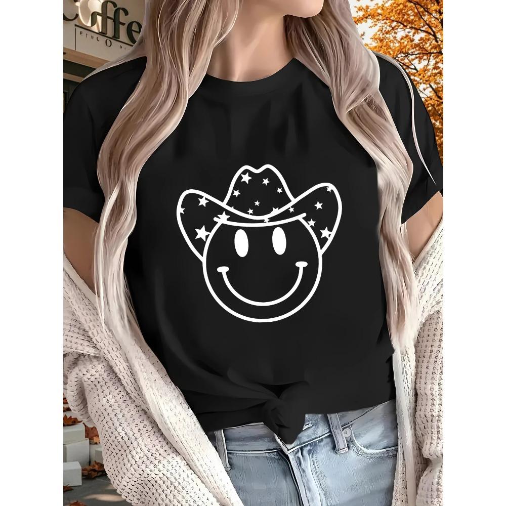 Cute Smiling Face Wearing Hat Pattern Printed Summer Womens Top Short Sleeved Round Neck Womens Summer Clothing