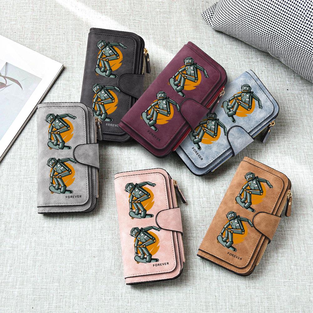 Cartoon Robot Skate Print Long Wallet Fashion Faux Leather Casual Purse for Cards Cash Holder