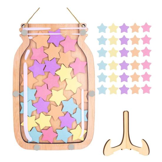Wooden Reward Jar with 25 Colorful Stars Flowers Kids Students Potty Training Positive Behavior Chart System Home Classroom Management Tool