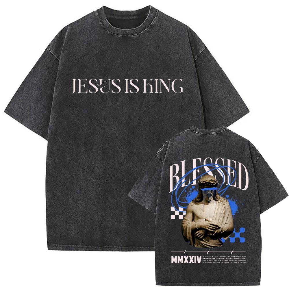 T-shirt Vintage Lavata Religiosa Cristiana Gesù è Re Uomo Donna Gotica Hip Hop T-shirt Oversize Cotone di Alta Qualità