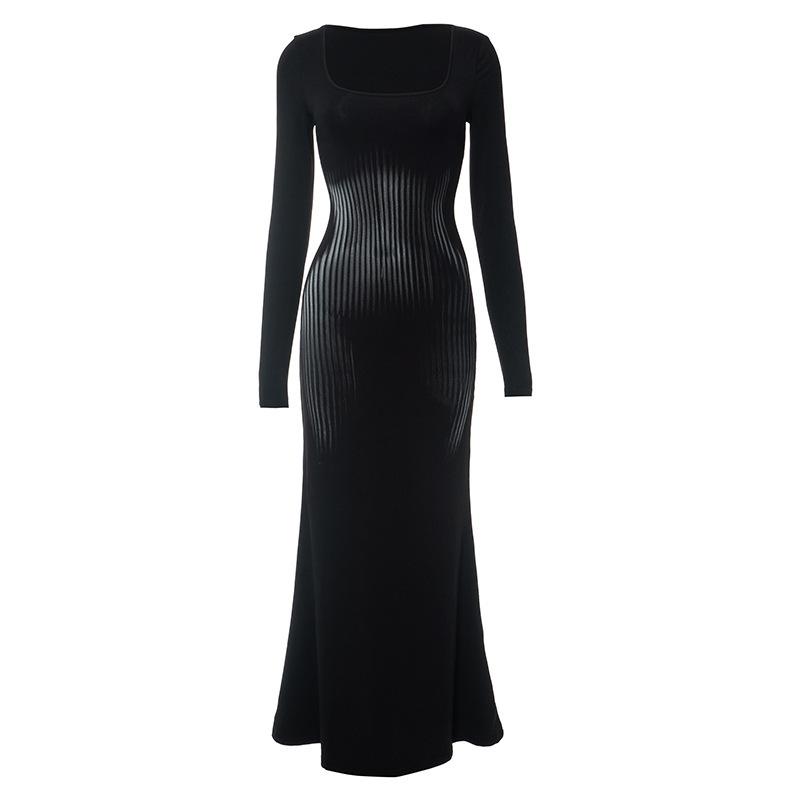 European And American Summer New Style Square Collar Pullover Long Sleeved High Waist Bag Hip Fishtail Sexy Elegant Dress