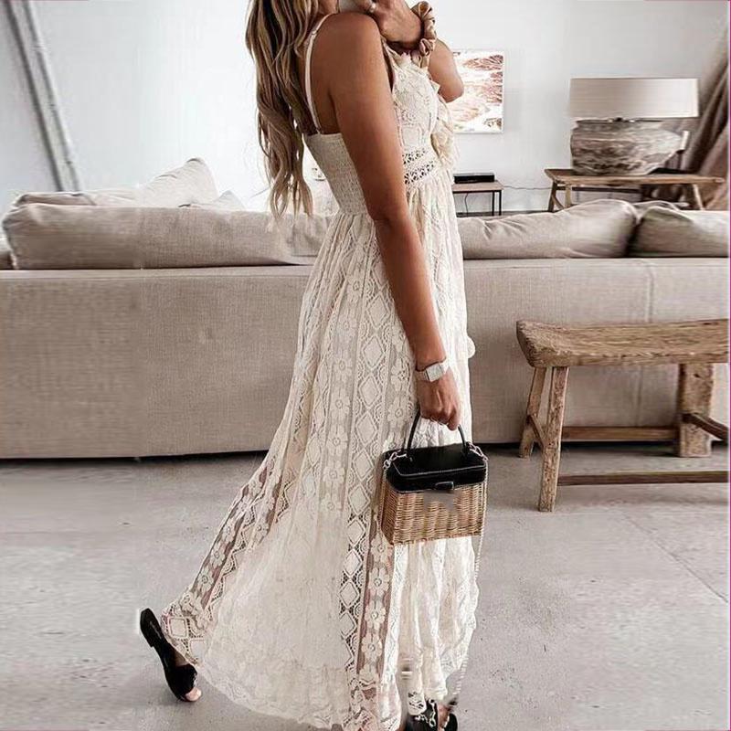 Verão Novo Moda Feminina Sem Mangas Vestido Floral Senhoras Vestido de Praia Boêmio Vestido Longo de Renda Babados Vestido Suspensório