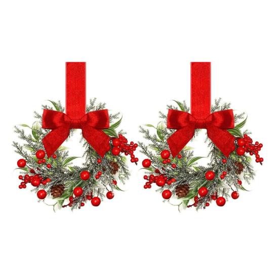 Mini Christmas Wreath with Red Velvet Bow Cabinet Door Decor for Kitchen Window Farmhouse Front Door Wall Fireplace Berry Garland
