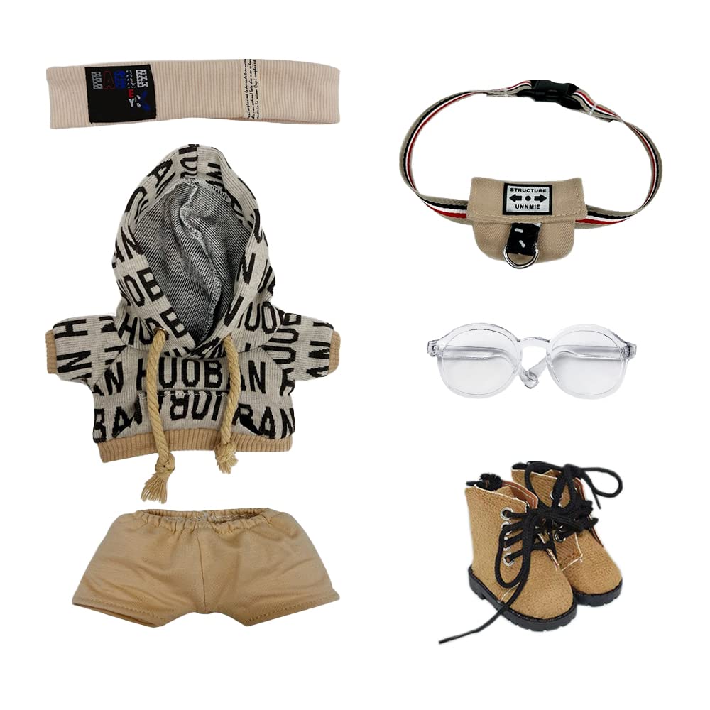 Niannyyhouse 20cm Plush Toy Clothes - Loose Hip Hop Set: Headband, Hoodie, Stretch Shorts, Backpack, Glasses, Leather Boots - Dress-up Cotton Doll