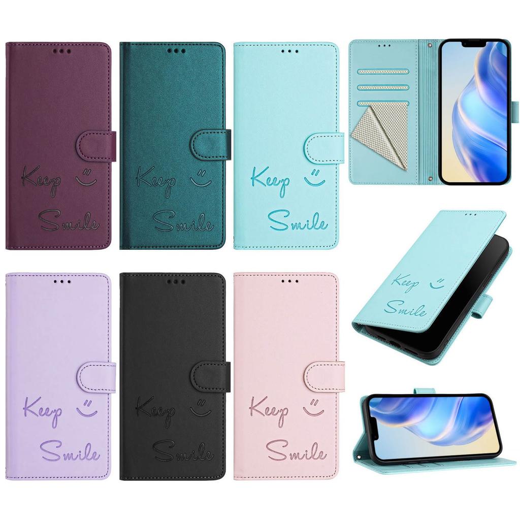 Leather Wallet Flip Case For Huawei P80 P60 P50 P30 P20 Pro + Ultra Lite Keep Smile Embossed Design with Wrist Strap