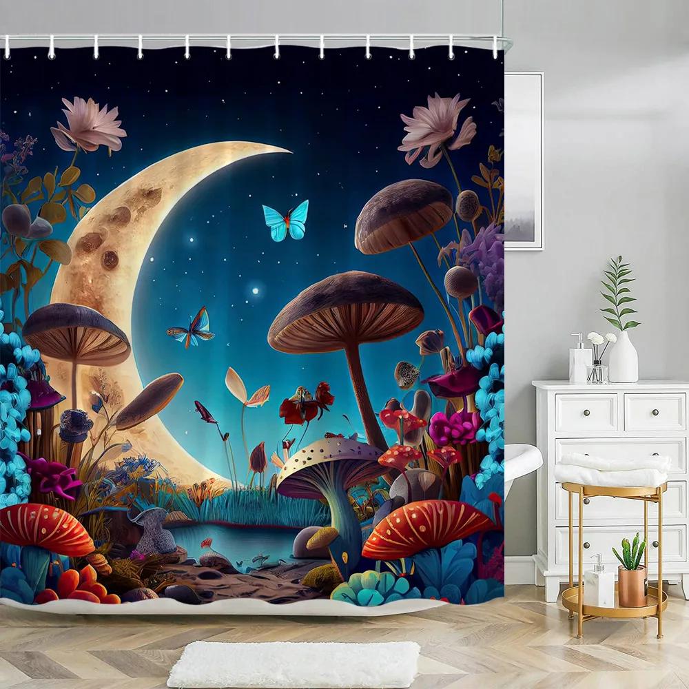 Fantasy Pilz Duschvorhänge Märchenwald Baum Gothic Paneel Dschungel Grün Zen Fluss Badezimmer Dekor Duschvorhang mit Haken
