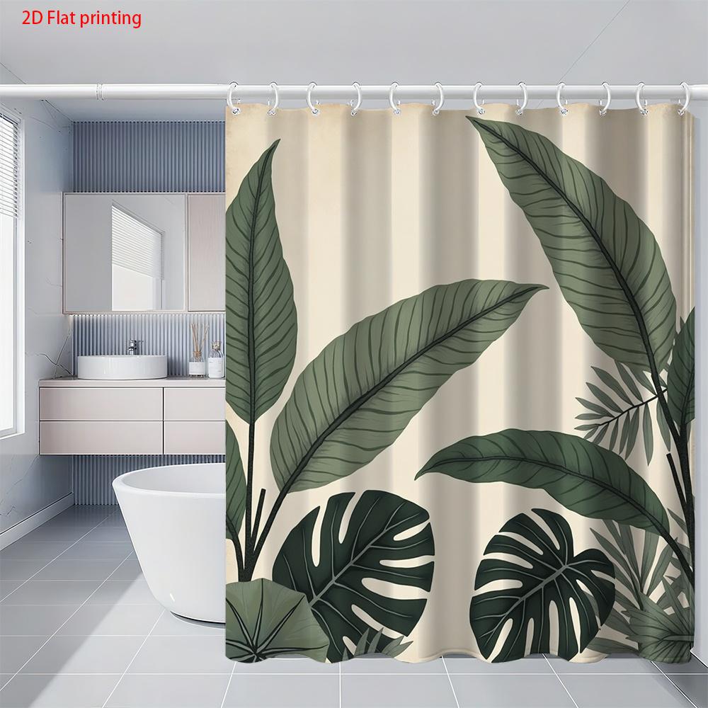 Tropical Leaf Shower Curtain 1Pc – Monstera And Palm On Beige Background, Vintage Nature Art Bath Curtain For Modern Home Decor
