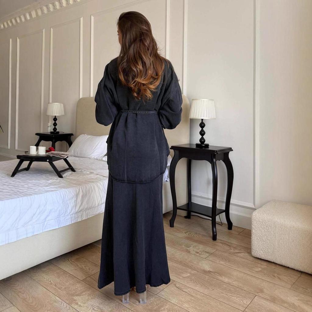 2025 Autumn/Winter European & American Fashion: Women's Loose Fit Denim Coat and Tie Shirt Set