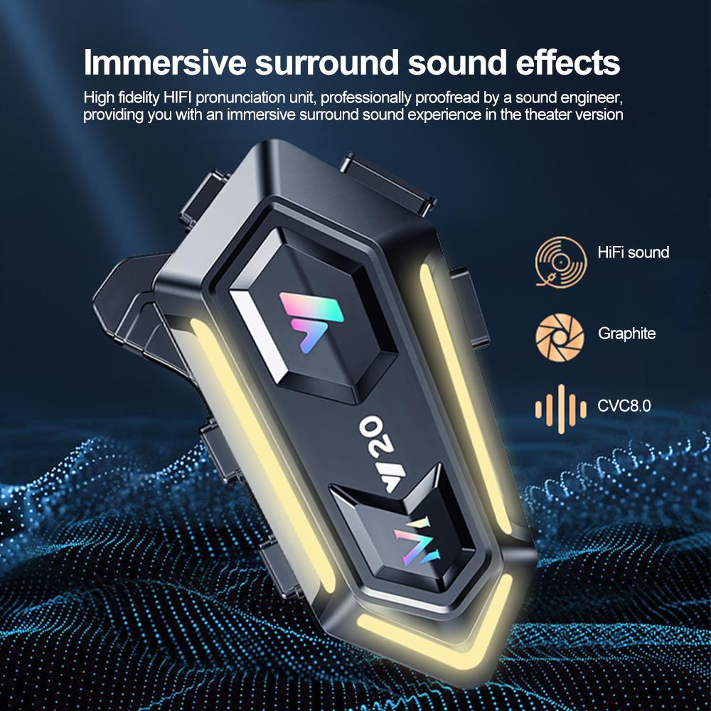 Motorcycle Wireless Helmet Headset Bluetooth 5.3 with RGB Colorful Lights Headphone Waterproof Handsfree Call Earphone for Rider