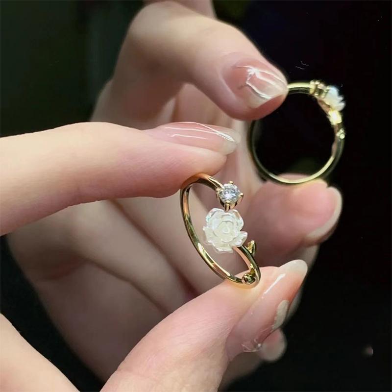 Pearl Gentle Camellia Opening Adjustable Ring Bracelet Necklace Vintage For Women Girl Hand Chain Luxury Jewelry Accessories