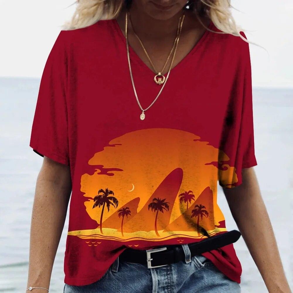 Hawaii-T-Shirt, weiblich, Ctop-Top, V-Ausschnitt, kurzärmelig, Kokosnussbaum-Druck, feminin, übergroße Kleidung, Urlaubs-Damen-Top