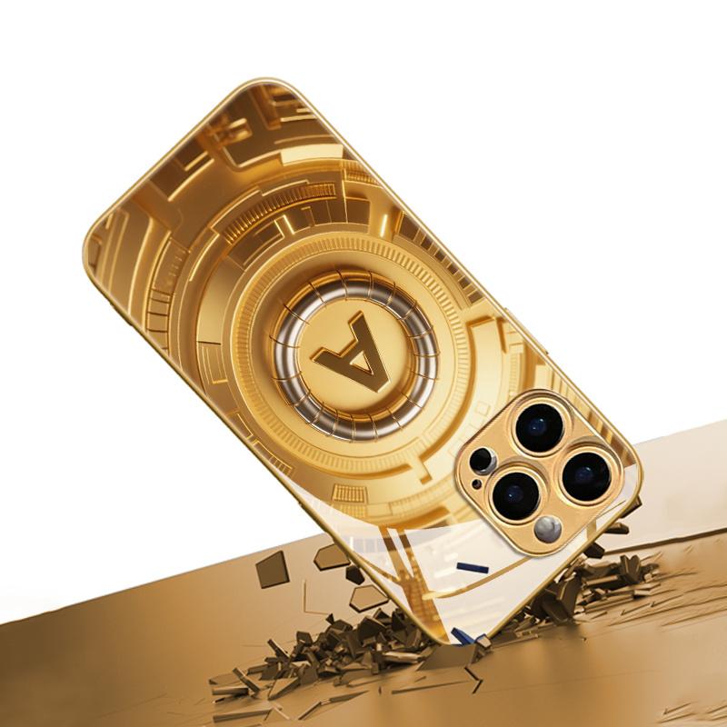 Goldene A-Buchstaben Mechanische Technologie Stil Muster Glas Handyhülle Geeignet für iPhone 17 16 15 14 13 12 11 etc.