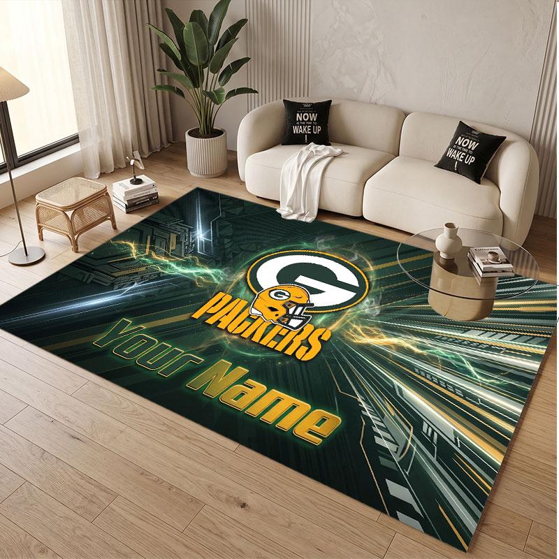 Custom Rug Green Bay Packers Pattern Print Name Text Soft Non‑Slip Floor Carpet for Home Indoor Decoration
