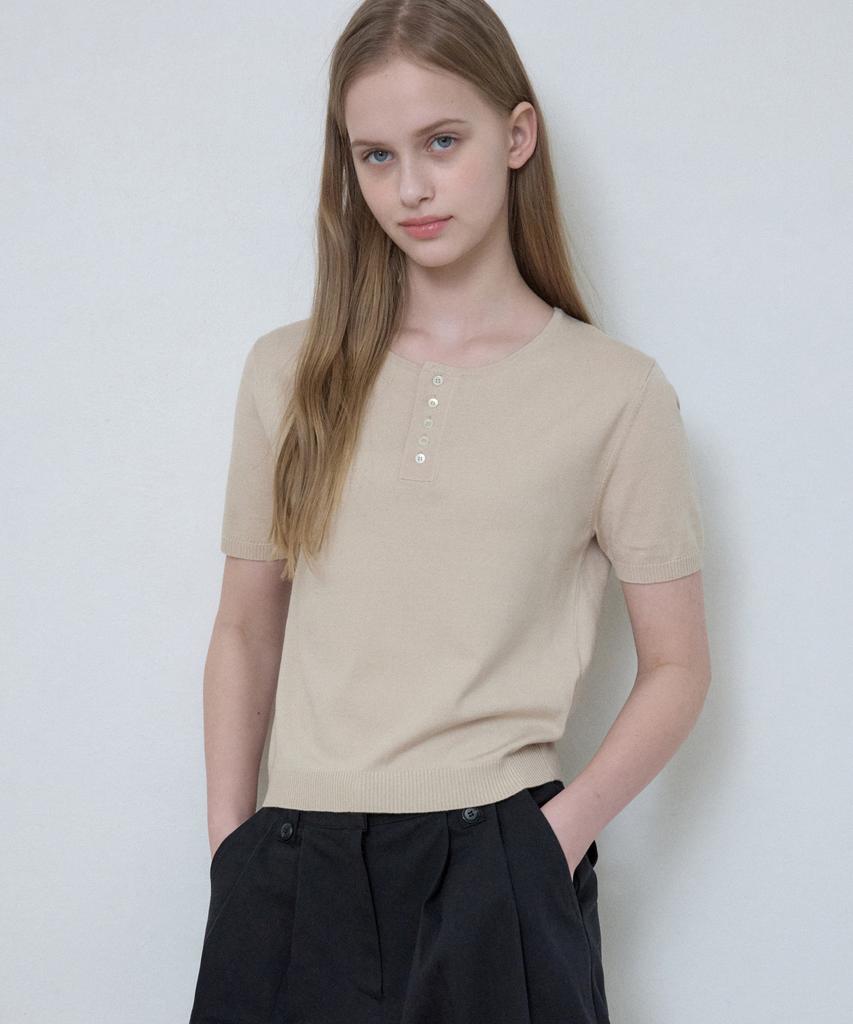 Wednesday Oasis For Woman Washable Sheer Henley Neck Half Knit_Beige(Wc25-Kn18)