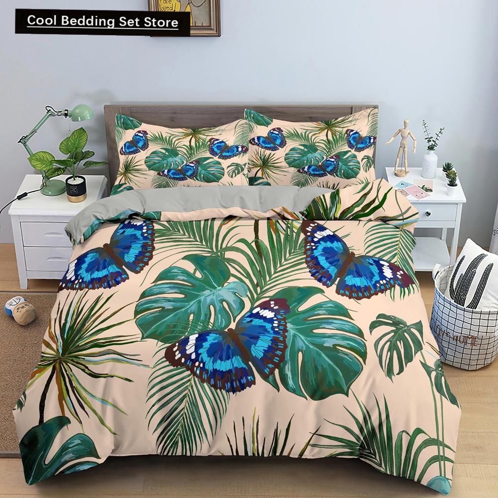 Tropische Blätter Schmetterlingsdruck Bettbezug Bettwäschesets mit Kissenbezug Luxus Polyester Tagesdecke Queen-/King-Size Geschenk Blau