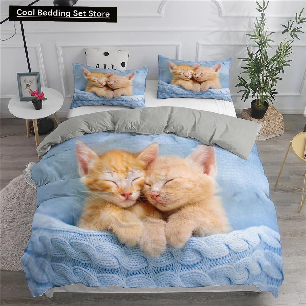 Parure de lit avec housse de couette et taie d'oreiller en polyester doux, motif de chats mignons imprimés en 3D, pour lit double, Queen, King, double