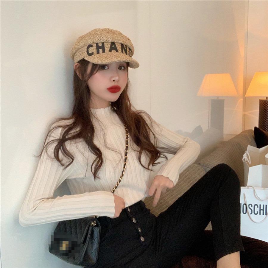 Halvhög halsunderklädeslinne Dam Höst och Vinter Koreansk Designkänsla Pullover Stickat Tight Långärmad Topp