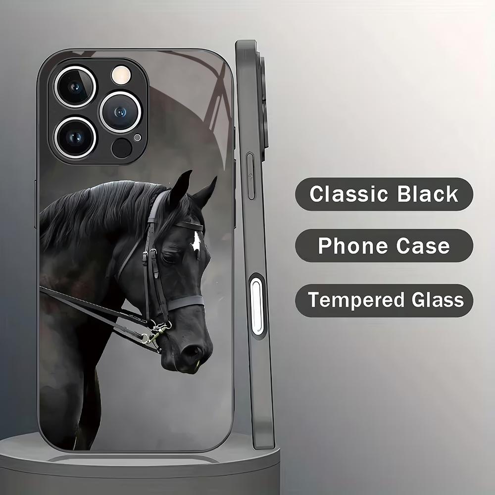 Fashion dark horse pattern tempered glass phone case suitable for iPhone 17 16 15 14 13 12 11 Pro Max Plus shockproof back cover