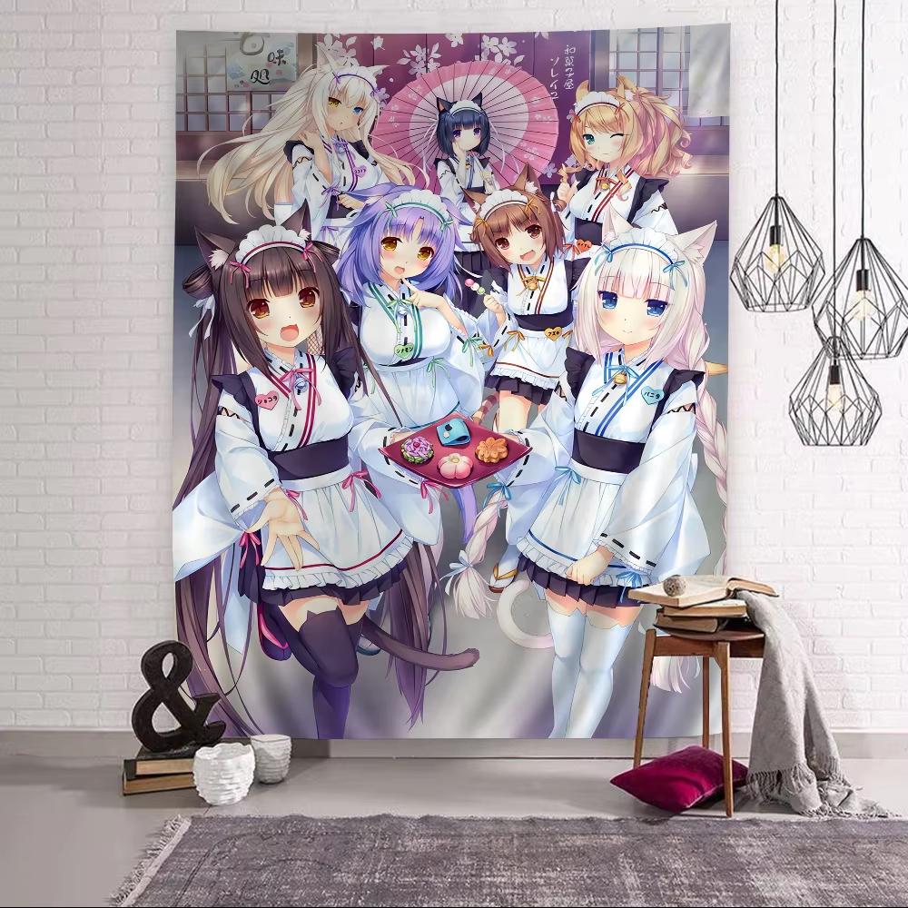 Cat Ear Maid Anime Tapestry Cute Chibi Style Wall Decor for Bedroom Game Room Study Modern Otaku Flat Print