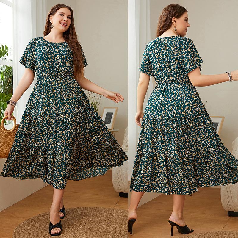 Plus Size Women's Dress Round Neck Printed Loose Large Swing Women's Dresses