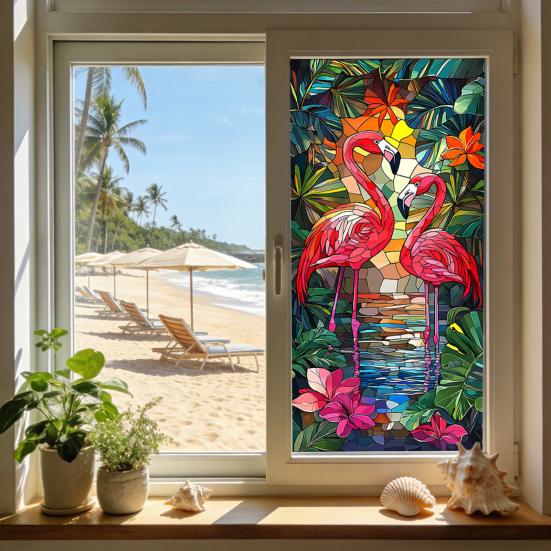 Window Privacy Film Stained Glass Flamingo Tropical Static Clings Heat Control Door Covering Sticker with Palm Leaves Floral Pattern for Bathroom