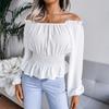Fashion Elegant Off-shoulder Hem Ruffle Edge Blouse Women Slim Fit Pleated Solid Color Shirt Long Sleeve Casual Simple Short Top Sexy Women's Clothing