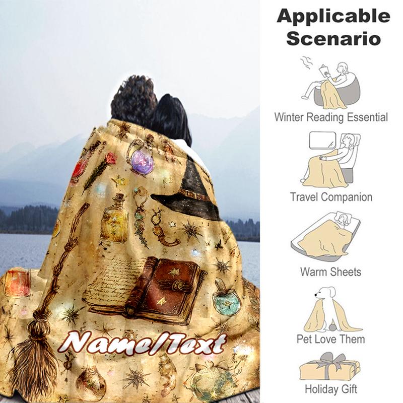 1PC Custom Name Witchcraft Spell Book Outdooor Flannel Blankets Throw Blanket All-Season Throw Gift Bedspread for Couch, Bed, Camping Holiday Birthday