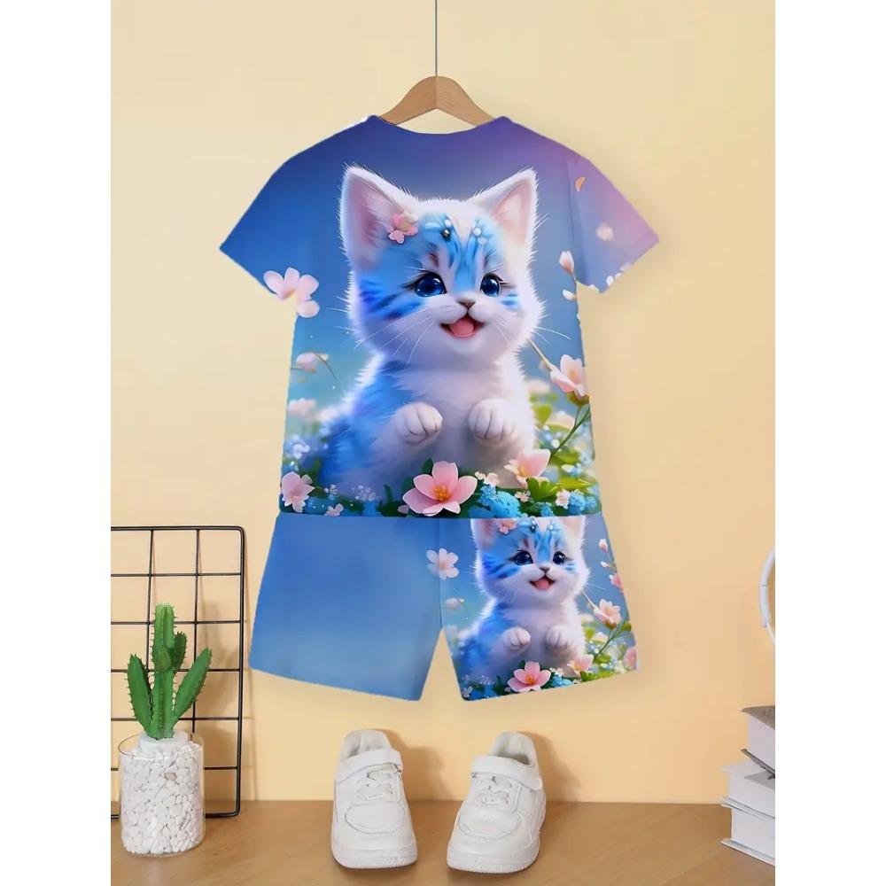 Barns Katt T-shirt Shorts Set Sommar Casual Flickkläder Kortärmade Barnset för Barn Toppar Utomhus Sport Flickoutfits