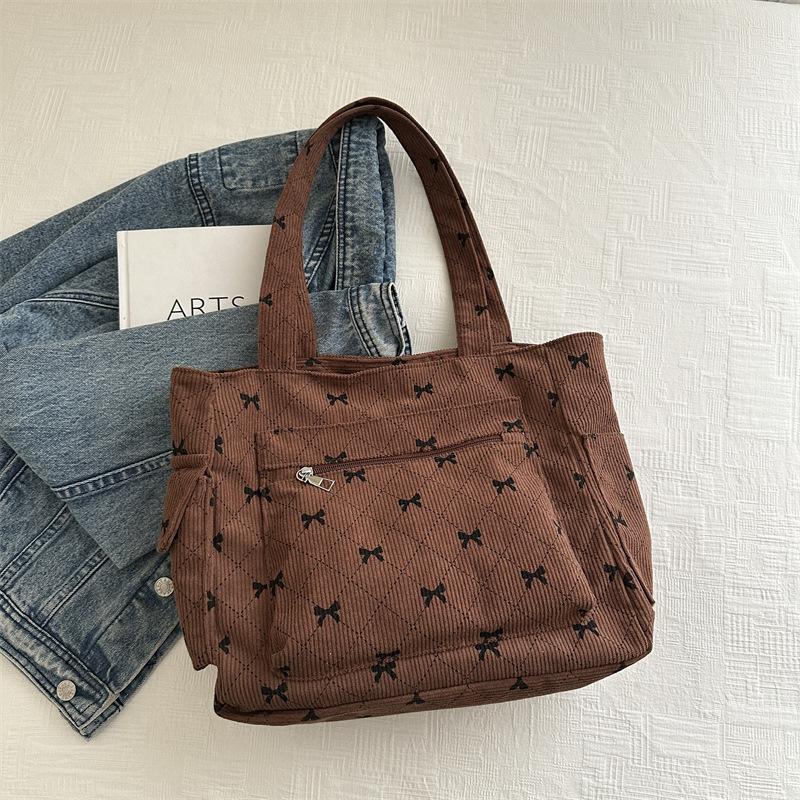 Sac à Bandoulière Doux Bow Diamd pour Femmes en Velours Côtelé Sacs de Shopping Rétro pour Femmes Sacs Fourre-tout de Voyage Multi-poches pour Dames Sacs à Main