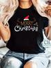 Damen Merry Christmas Grafik T-Shirt Schwarz mit festlichem roten Weihnachtsmannhut Sommer Kurzarm Harajuku Streetwear Tops T-Shirts