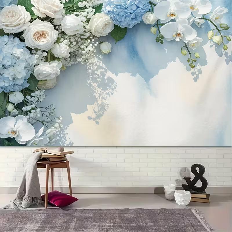 2D Blue and White Orchid and Rose Backdrop for Elegant Party Decoration