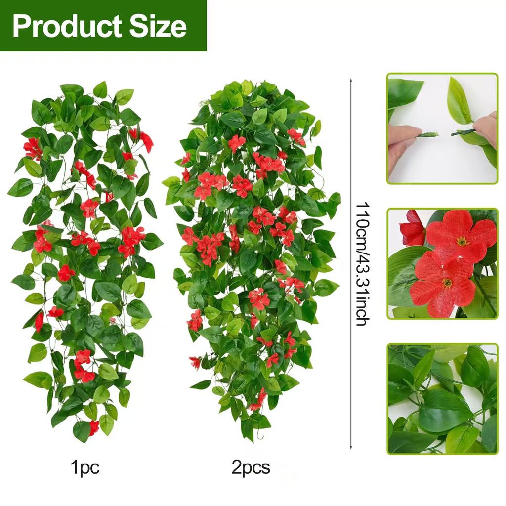 Artificial Hanging Flowers for Outdoors, Fake Hanging Plants Pothos Vines with Purple Flowers for Wall Home Living Room Indoor Outdoor Decor
